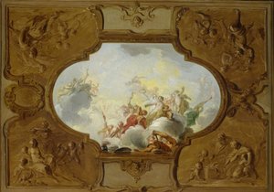 Design for et takmaleri med Apotheosis of Aeneas, i hjørnene de fire årstidene av Jacob de Wit