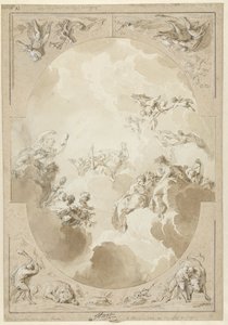 Design for et takmaleri som viser Herkules apoteose og fire av verkene hans av Jacob de Wit