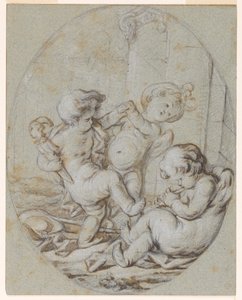 Three Putti: Design for et Grisaille-maleri av Jacob de Wit