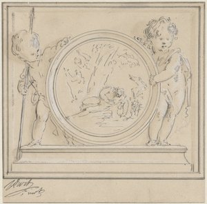 To putti med medaljong, der Narcissus og Echo av Jacob de Wit
