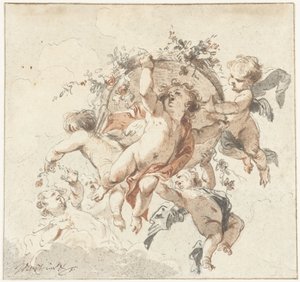 Flytende kjeruber med blomsterkurv av Jacob de Wit