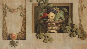 Stilleben med frukt- og blomsterkranser