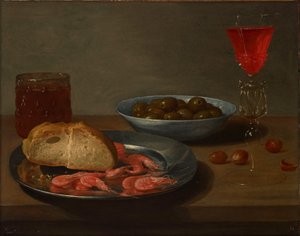 En tallerken med reker og et rundstykke, en bolle med oliven, en façon de Venise, et glass øl og mandler på et bord av Jacob Van Es