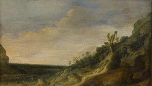 Fjelllandskap med utsikt over en elv og havet av Jacob van Geel
