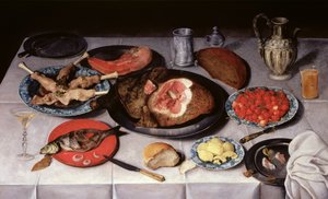 Frokoststykke med fisk, skinke og kirsebær, 1614