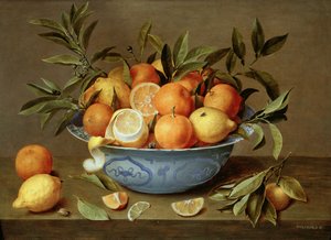 Stilleben med appelsiner og sitroner i en Wan-Li porselensfat
