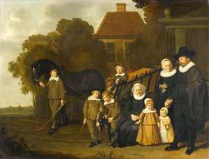 Gruppeportrett av familien Meebeeck Cruywagen ved porten til landet deres på Uitweg nær Amsterdam av Jacob van Loo (attributed to)