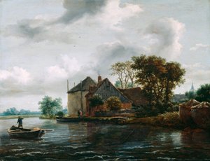 Gård og høyrikken ved en elv av Jacob van Ruisdael