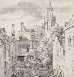 Utsikt over gårdsplassen til House of the Archers of the St. Sebastian Guild på Singel i Amsterdam (blyant og vask på papir) av Jacob van Ruisdael