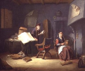 Interiør med en lærd og en gammel dame som spinner (panel) av Jacob van Spreeuwen