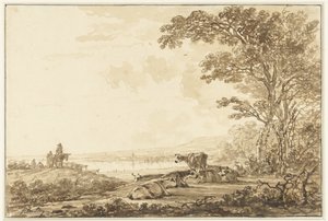 Elvelandskap med rastende storfe av Jacob van Strij