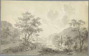 Foss ved en innsjø i et fjellandskap av Jacob van Strij