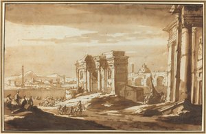En Capriccio-utsikt over romerske ruiner langs Tiberen av Jacob van der Ulft