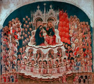 Kroningen av Jomfruen i paradis-maleri på tre av Jacobello del Fiore (1370-1439). Galleriet i Accademia Venezia fra 1400-tallet