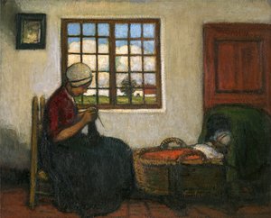 Interiør med vugge (olje på lerret)