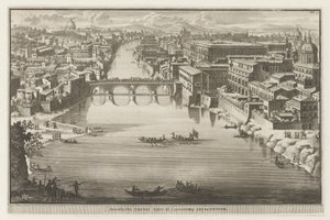 Utsikt over Roma med Ponte Sisto over elven Tiberen Prospekt Pontis Sixti IV locorumq adjadentium (tittel på objekt) Utsikt over Roma (serietittel) La Galerie agreable du mond (...) divisée en LXVI tomes...Cette party comprend le Rome moderne av Jacobus Baptist