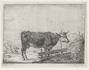 Ku som står ved et gjerde av Jacobus Cornelis Gaal