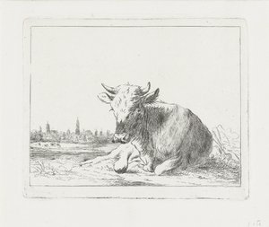 Liggende ku, i bakgrunnen en by av Jacobus Cornelis Gaal