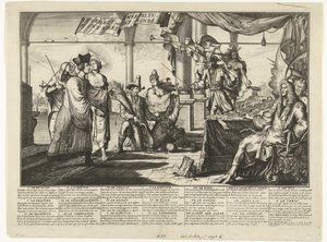 Tegneserie av advokatstanden som tjener på menneskets krangel, 1687 Interest des