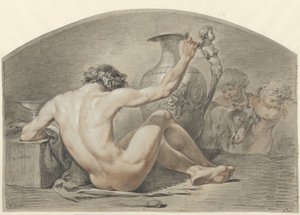 Sittende naken mann, hånd på håndtaket på en vase