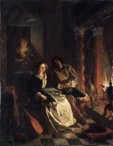 ""Le Rendez vous"" (Rendezvous) Scene for forførelse, en ung jente kurtisert av en gentleman som erklærer sin kjærlighet til henne ved peisen. Maleri av Jacob Joseph Eckhout (1793-1861) 1852 Statens kunstmuseum i den hviterussiske republikken, Minsk, Hvite av Jacobus Josephus Eeckhout
