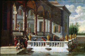 Italiensk palass med galleri og terrasse (maleri) av Jacobus Saeys