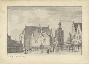 Kirken, veiehuset og fisketorget i Workum av Jacobus Versteegen