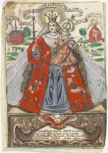 Mary with Child med to kirkebygg bak seg av Jacobus de Man (I)