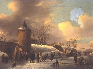 Skatere på en frossen vannvei ved et tårn av Jacobus van der Stok