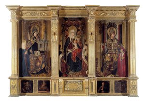 Altertavlen til Saint Ildefonso (død 667, biskop av Tolede) og St. Augustine av Hippo (ca. 354-430, berberfilosof og forfatter). Maleri av Jaume Baco dit Jacomart (1410-1461). Olje på tre, ca 1450, renessansekunst. Cathedrale Sainte Marie la Seu av Jacomart (c.1413 61) Baco