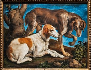 Porträt von zwei Hunden, die an einem Baumstamm angebunden sind von Jacopo (1510-92) Bassano