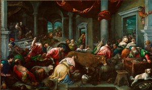 Rensingen av tempelet eller "" Kristus jager kjøpmenn fra tempelet"" Maleri av Jacopo Da Ponte dit Jacopo Bassano (1517 ca. 1592) Søn. 160x265 cm London, Nasjonalgalleriet av Jacopo Bassano