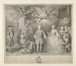 Ferdinand VI and his queen Maria Barbara of Braganza with Scarlatti and the celebrated Italian castrato Farinelli av Jacopo (after) Amigoni
