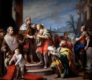 Joseph devant Pharaon - Joseph before Pharaoh - Maleri av Jacopo Amigoni (Giacomo Amiconi) (1675-1752), ca 1749 - Olje på lerret, 283x325 - Museo del Prado, Madrid av Jacopo Amigoni