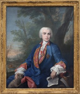 Soprankastraten Carlo Broschi, kalt Farinelli (1705-1782). Sangeren bærer medaljen av ordenen Calatrava, på partituret han holder i hånden, noen mål av operaen Zenobia av Gaetano Latilia. Maleri av Jacopo Amigoni (1682-1752), olje på