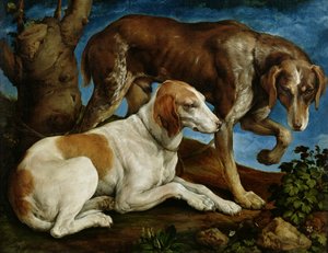 To jakthunder bundet til en trestubbe, ca. 1548-50