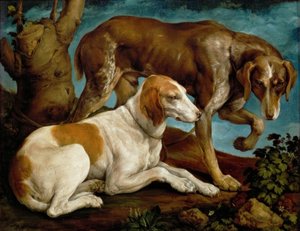 To jakthunder bundet til en trestubbe av Jacopo Bassano