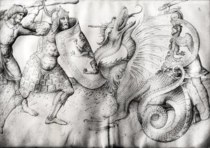 Kamp mellom krigere og en drage, ca. 1450 (blekk på vellum) av Jacopo Bellini