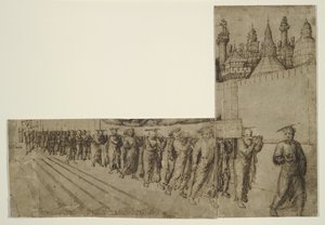Jomfruens begravelse (brunt blekk over svart kritt på krem, antikk lagt papir) av Jacopo Bellini