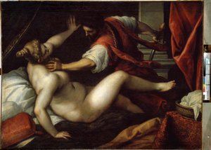 Tarquin og Lucretia (Tarquinius og Lucretia). Sextus Tarquinius voldtar Lucretius, en hendelse som ville ført til monarkiets fall og begynnelsen av republikken i det gamle Roma, i 509 f.Kr. Maleri av Jacopo Palma il Giovane (De unge av Jacopo Il Giovane Palma