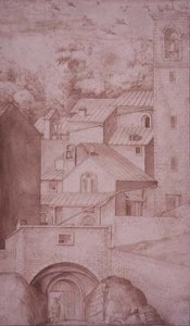 PD.53-1997 Utsikt over klosteret La Verna, inngangsporten og klokketårnet, ca. 1607-12 (vask, penn og blekk på papir) av Jacopo Ligozzi