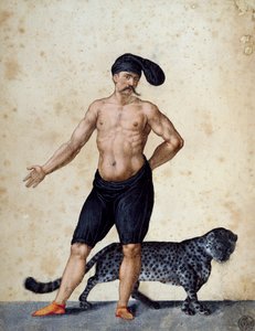 Ung afrikansk mann som står foran, halvkledd iført lang berretta (hette) på hodet, med tiger bak seg, tegning av Jacopo Ligozzi (1547-1627) av Jacopo Ligozzi
