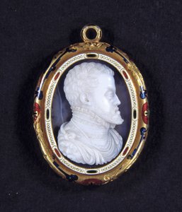 Portrett av kong Filip II av Spania (1527-1598). Medaljong i kalsedon av Jacopo Nizzola da Trezzo