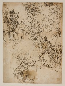 Skisser for Kristus som svever i luften, ryttere, et sittende par og en blomsterpynt av Jacopo Palma