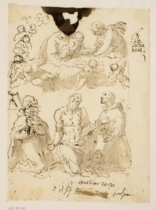 Sts Antony, Jerome og Bernardino knelende, med jomfruen og spedbarnet Kristus omgitt av barneengler bortenfor av Jacopo Palma