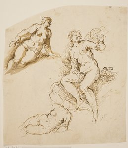 Studier for en sittende og to nedbøyde kvinner av Jacopo Palma