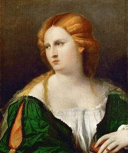 Ung kvinne i en grønn kjole, en boks i hånden, ca 1514
