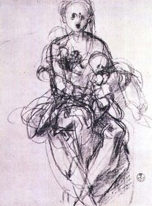 Studie av en Madonna og et barn (kritt) av Jacopo Pontormo