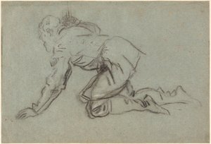 En knelende mann som holder en stav, ca. 1554-56 (kull på blått papir) av Jacopo Robusti Tintoretto