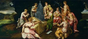 Contest between Muses and Pierides, av Jacopo Robusti kjent som Tintoretto (1519-1594), olje på panel, 46x91 cm